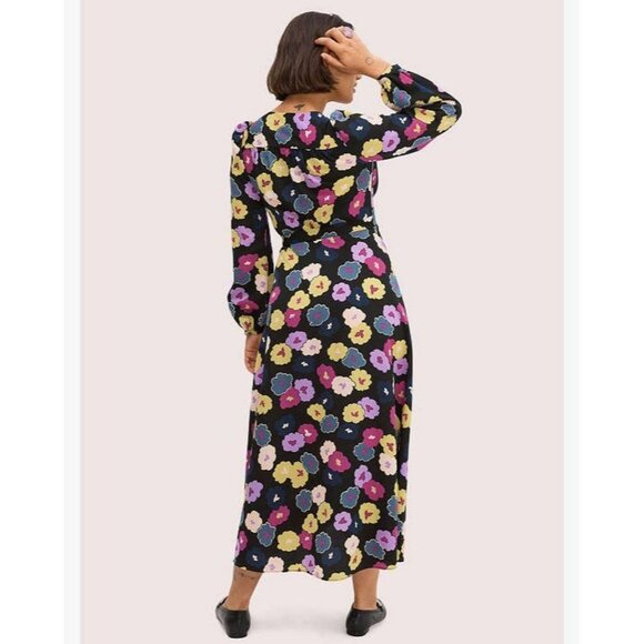 NEW Kate Spade Winter Garden Midi in Black Floral Print Wrap Dress Size 6 - Picture 2 of 10